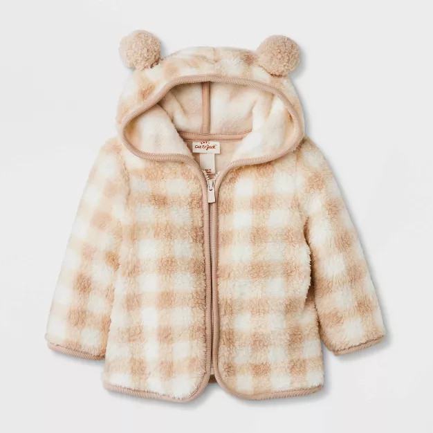 Baby Buffalo Plaid Critter Hood Faux Shearling Zip-Up Fleece Jacket - Cat & Jack™ Cream | Target