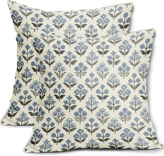 Black Blue Floral Block Print Pillow Covers 18x18 Inch Set of 2, Vintage Flower Pattern Spring Su... | Amazon (US)