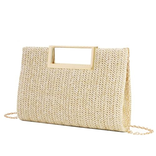 Straw Clutch Top Handle Purse for Women, Small Evening Purse Chain Shoulder Crossbody Bag for Wedding, Parties, Beige | Amazon (US)