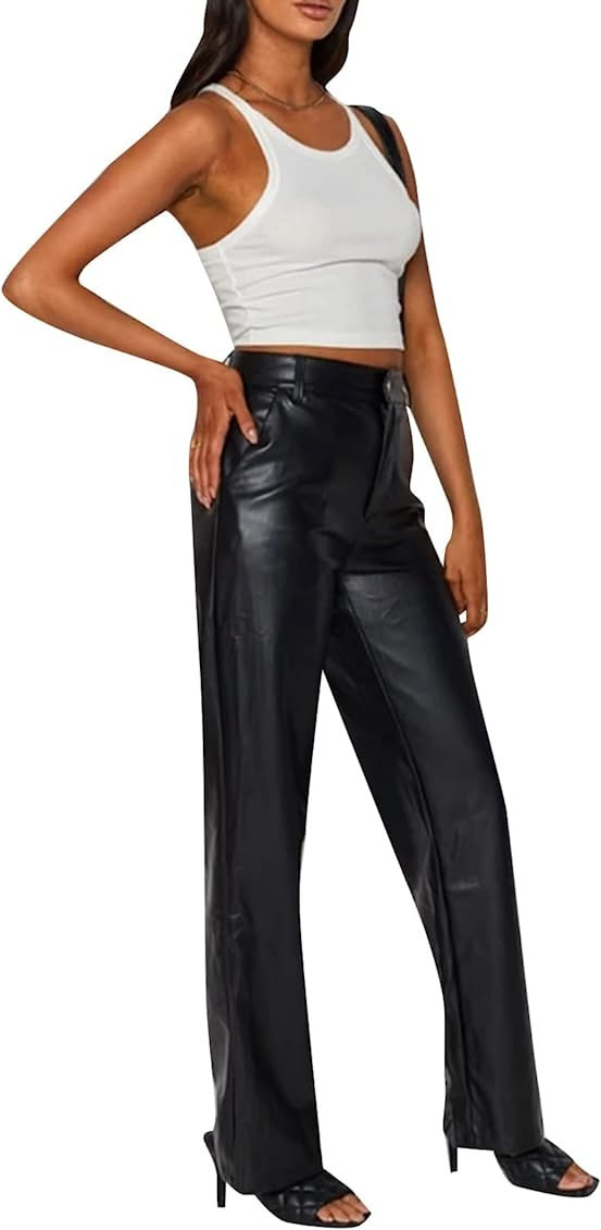 Biivrii Women Faux Leather Leggings Pants High Waist Straight Wide Leg PU Pleather Casual Solid Trou | Amazon (US)