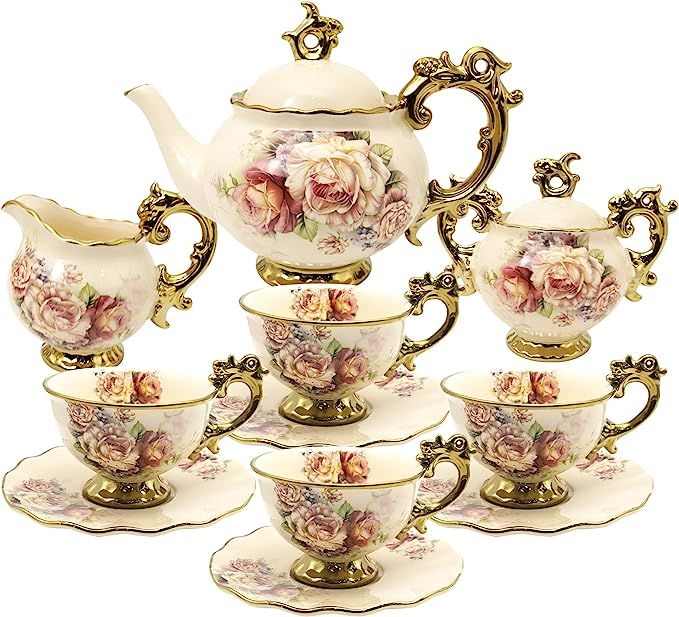 Amazon.com | fanquare 15 Pieces British Porcelain Tea Set, Floral Vintage China Coffee Set, Weddi... | Amazon (US)
