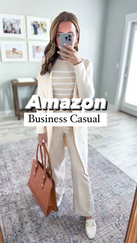 Amazon teacher outfit. Amazon work outfit. Amazon business casual. Wide leg yoga pants in XS petite, light khaki. Amazon coatigan in XS, beige. Amazon striped sweater in small, apricot. Spring outfit. Travel outfit. Amazon work tote. 

*I have tried pants in regular length and can get away with them if I’m wearing sneakers. I am 5’3.

#LTKworkwear #LTKtravel #LTKfindsunder50