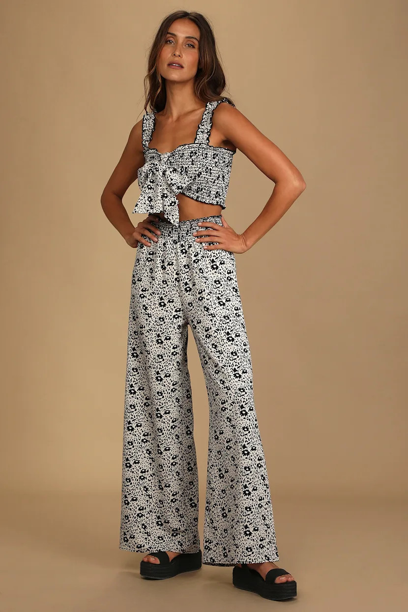Beneath the Sun Black Floral Print Two-Piece Wide-Leg Jumpsuit | Lulus (US)