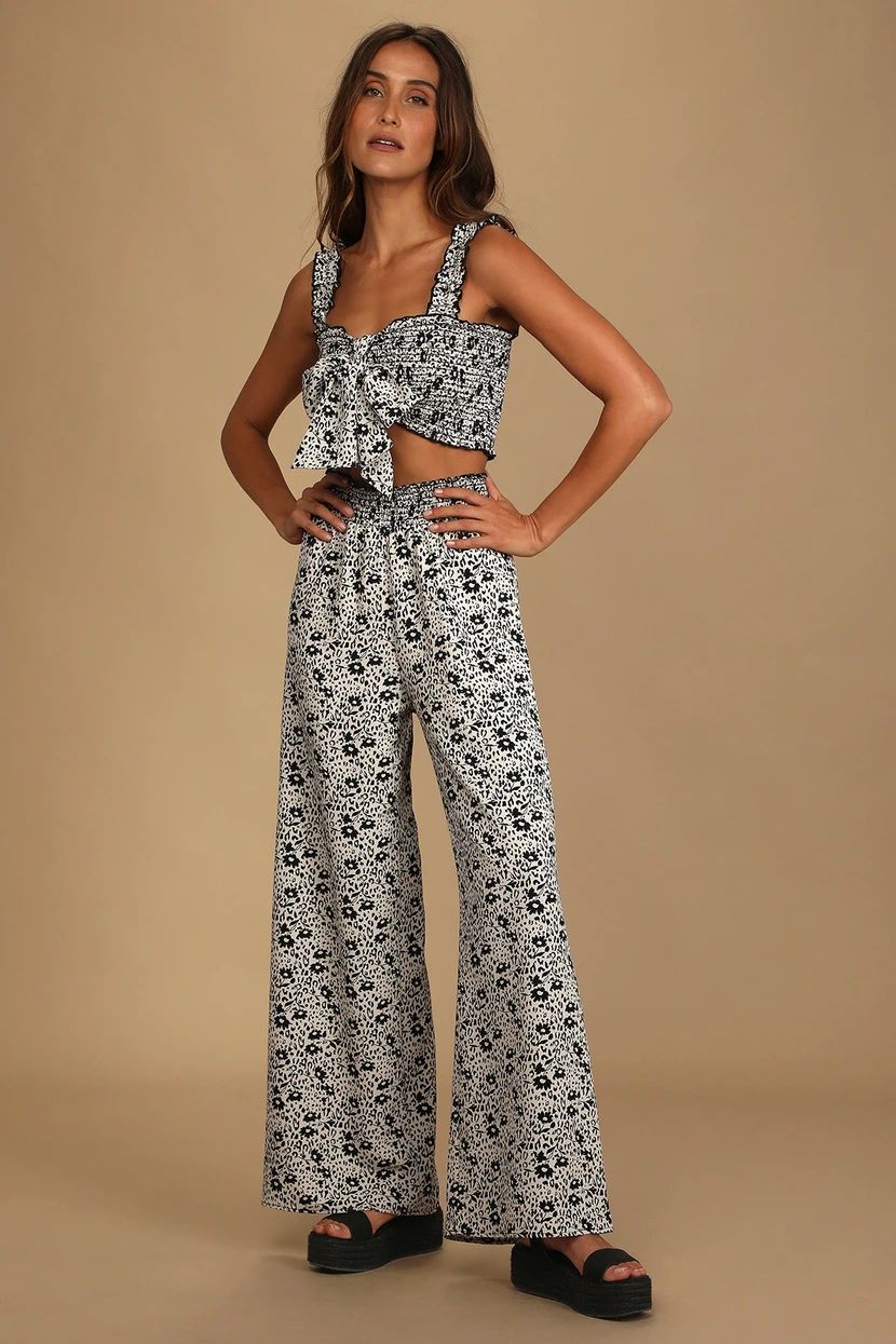 Beneath the Sun Black Floral Print Two-Piece Wide-Leg Jumpsuit | Lulus (US)