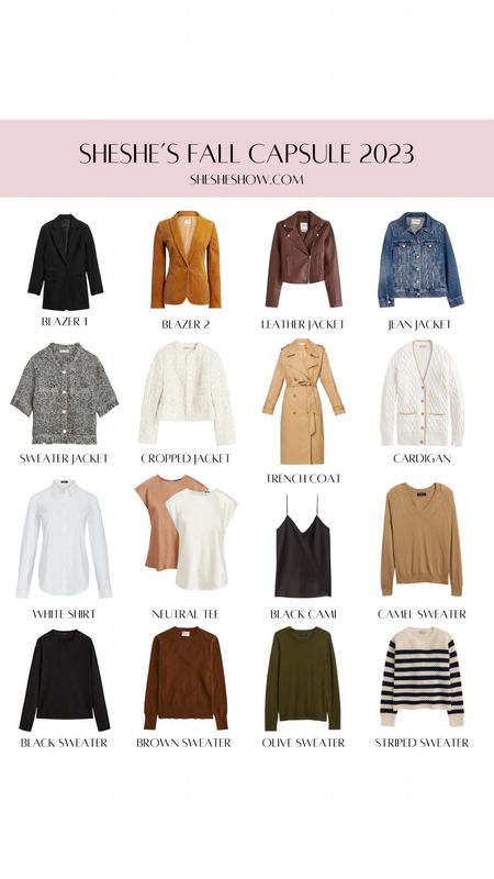 Our 2023 Fall Capsule wardrobe on shesheshow.com to view the entire capsule. We also have a printable list for your reference. 
#jackets #blazers #sweaters #capsulewardrobe #wardrobebasics #denimjacket 