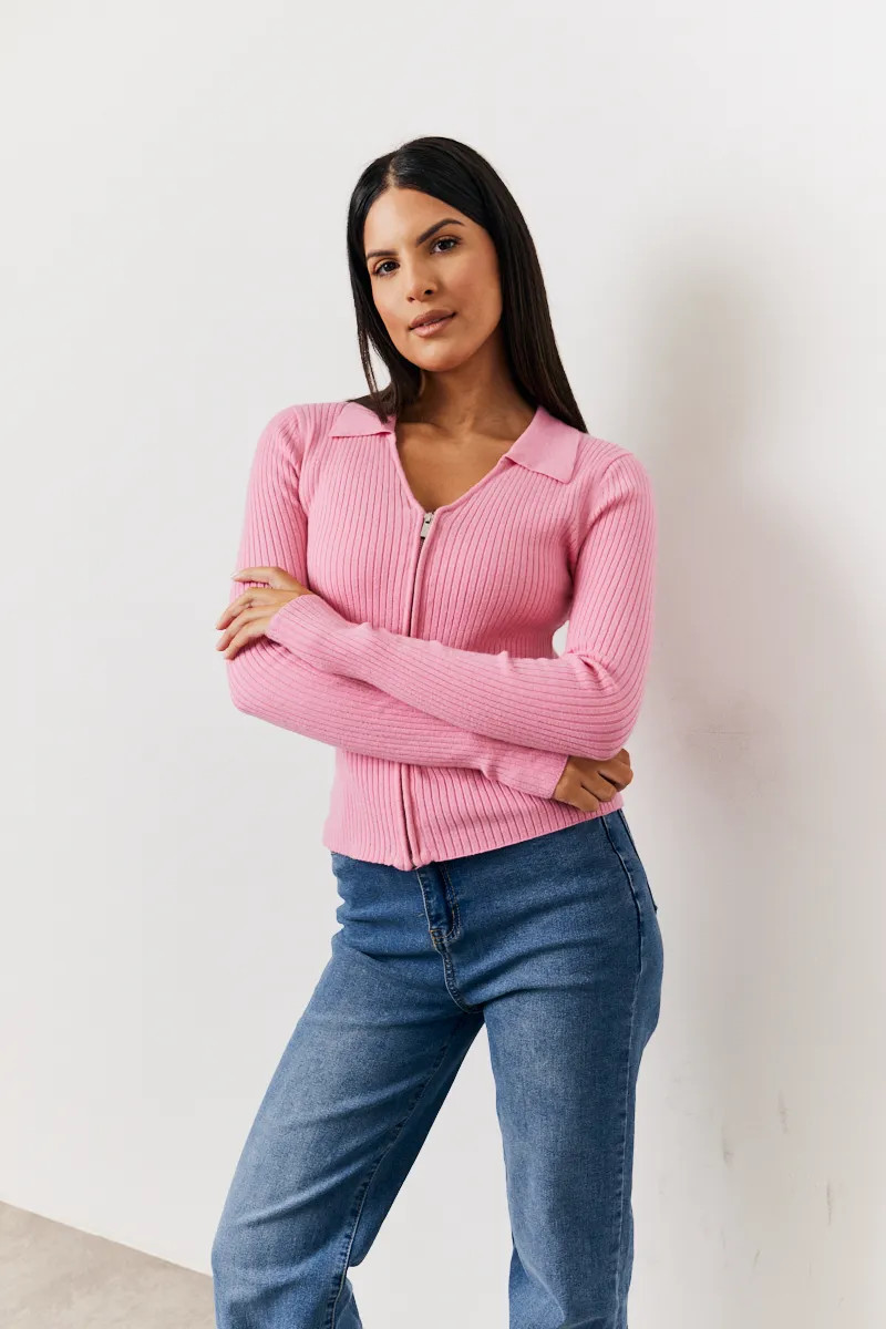 Pink Fine Gauge Knitted Zip Up Top | In The Style