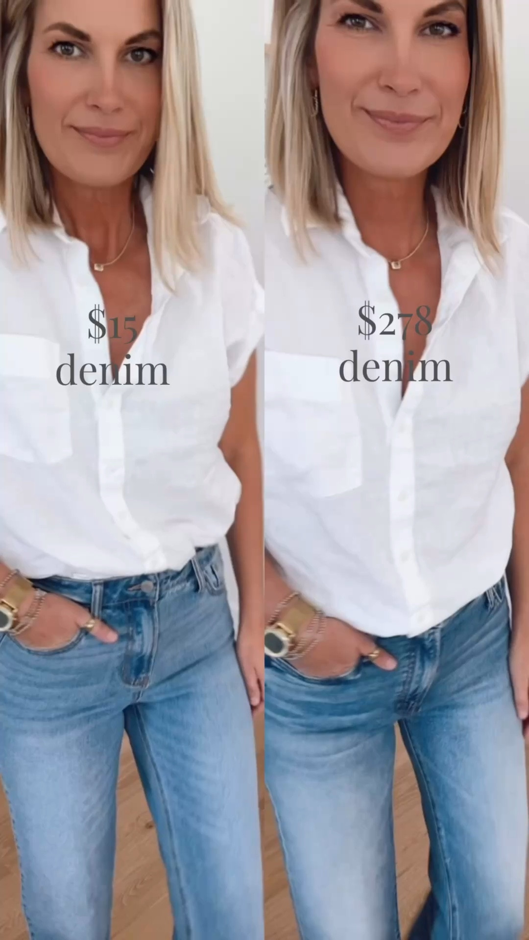 Save or splurge denim. Honestly these are both great and shockingly similar. The wash looks a bit more worn on the splurge pair. I am 5’11” wearing 27 in the splurge and 4 regular in the save. Sandals true to size.  Wearing small in the linen shirt.  

#LTKgrwm #LTKootd #LTKTall