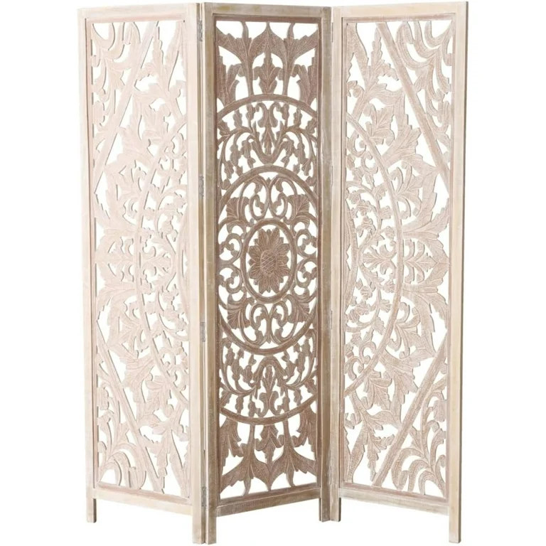 Daisy Mandala Room Divider, Carved Floral Motifs, 3 Panels, Natural Mango, White Wash, Distressed... | Walmart (US)