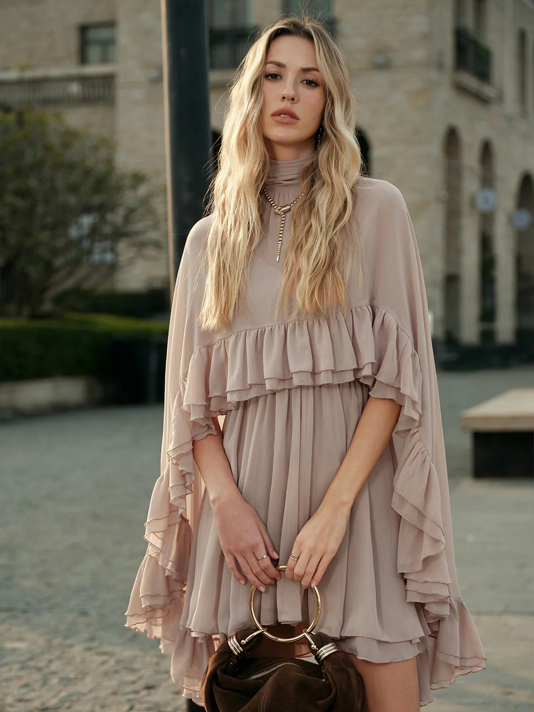 Semi-Sheer Chiffon Ruffle Dress With Outer Cape | Commense