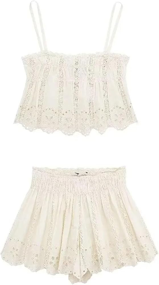 Women's Solid Color Casual Lace Hollow Irregular Hem Suspender Top Shorts Set | Amazon (US)