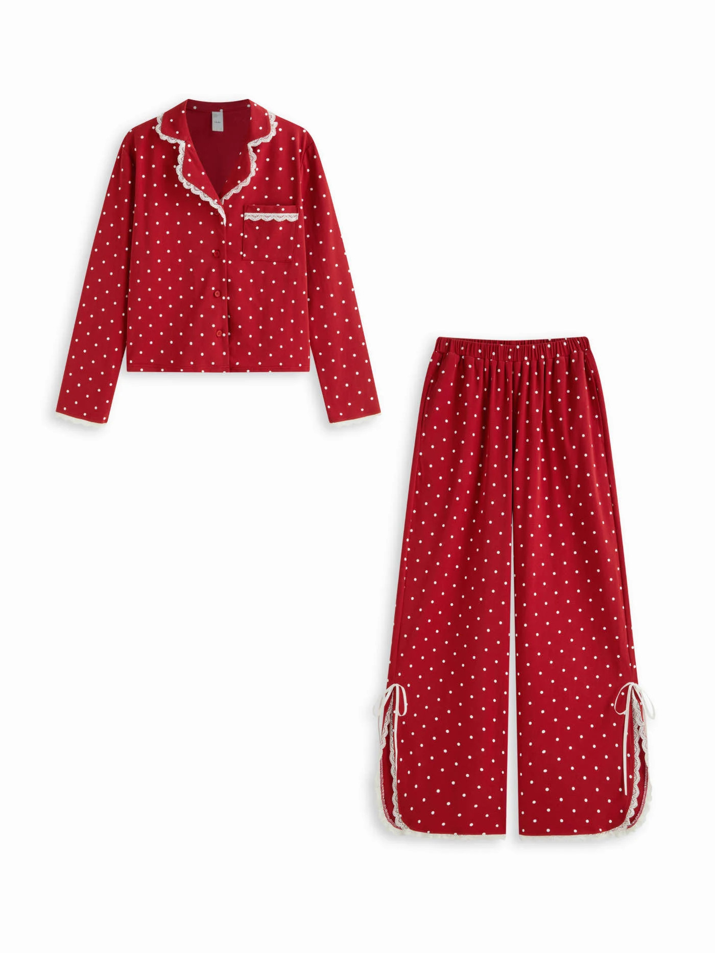 Cotton-blend Polka Dot Lace Trim Top & High Rise Bowknot Wide Leg Trousers Loungewear Set | Cider
