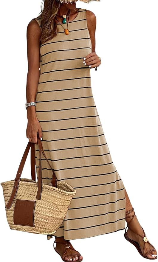 BLENCOT Women's Summer Sleeveless Striped Racerback Long Dress Casual Beach Maxi Tank Dresses | Amazon (US)