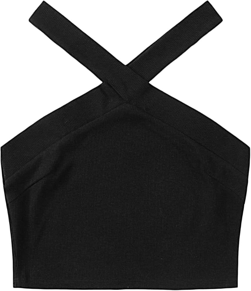 Floerns Women's Solid Criss Cross Sleeveless Rib Knit Halter Crop Tank Tops | Amazon (US)