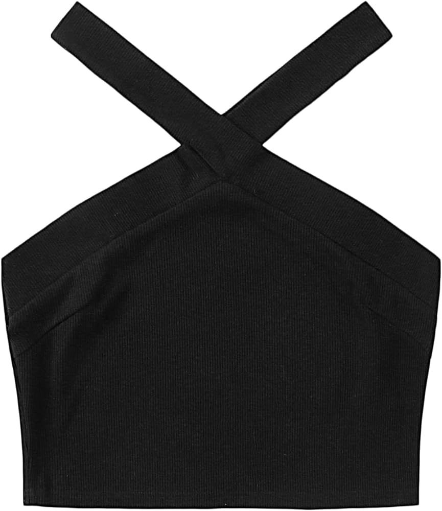 Floerns Women's Solid Criss Cross Sleeveless Rib Knit Halter Crop Tank Tops | Amazon (US)