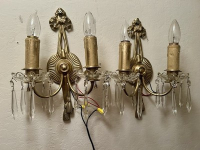 Pair of Antique European Solid Brass & Crystal Wall Sconces | eBay US