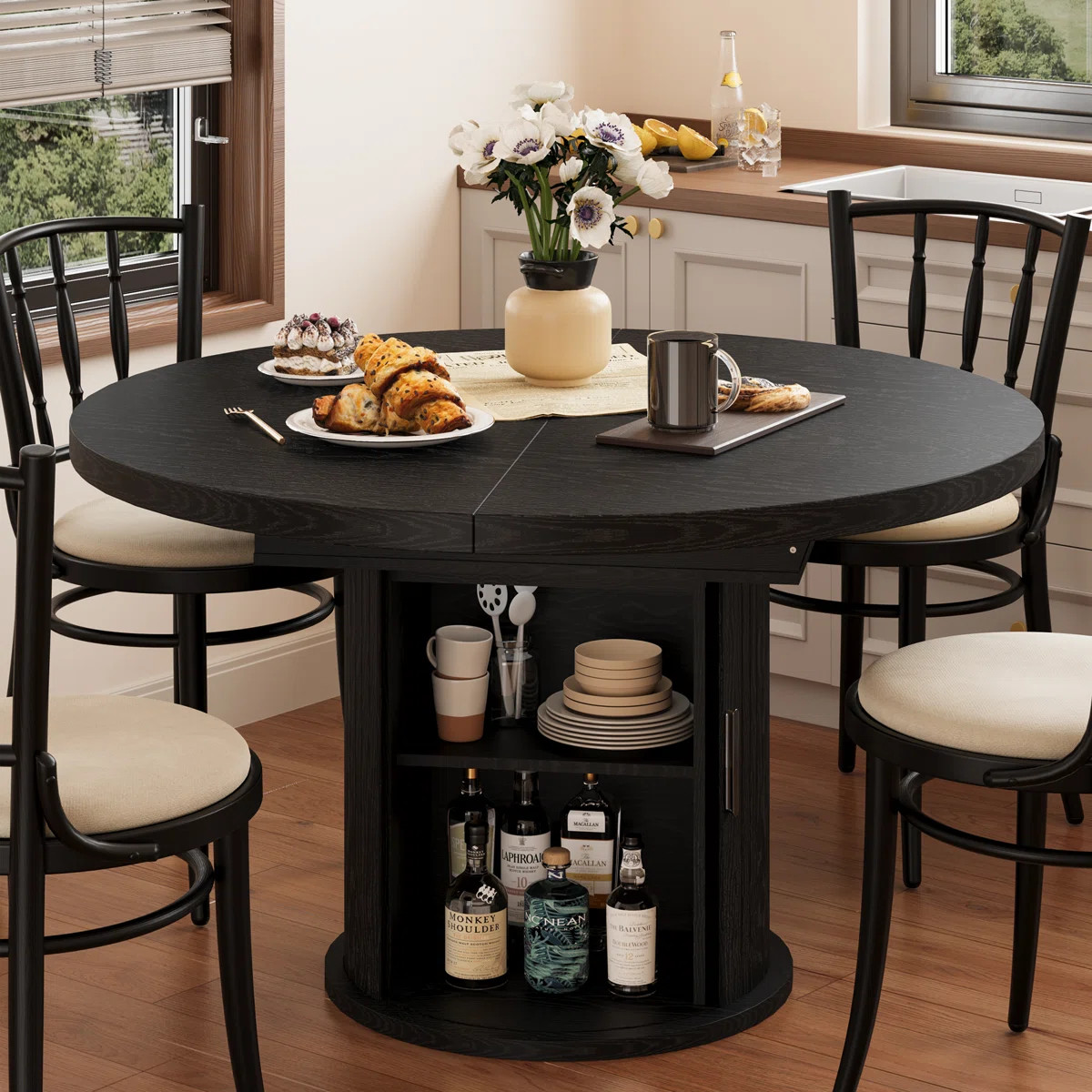 43.3"-59" Round Extendable Dining Table for 4-6, Oval Kitchen Dining Table with Storage, Pedestal... | Wayfair North America