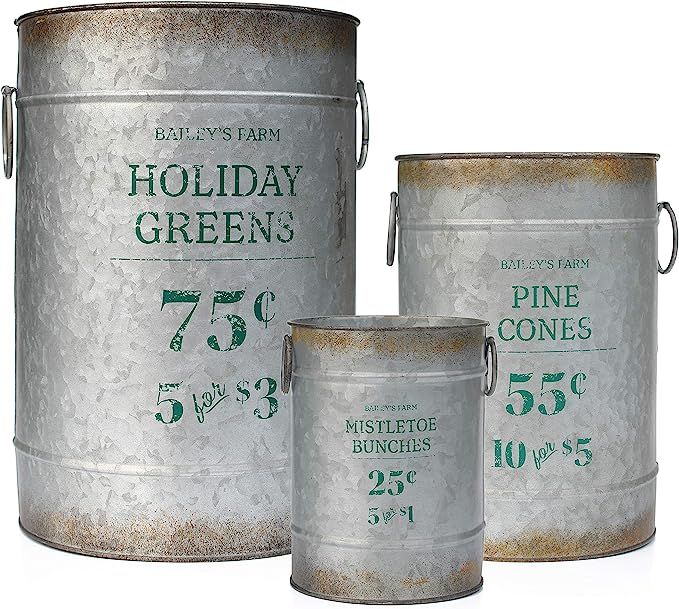 AuldHome Design Christmas Galvanized Greenery Buckets (Set of 3), Large, Medium, Small Metal Farm... | Amazon (US)