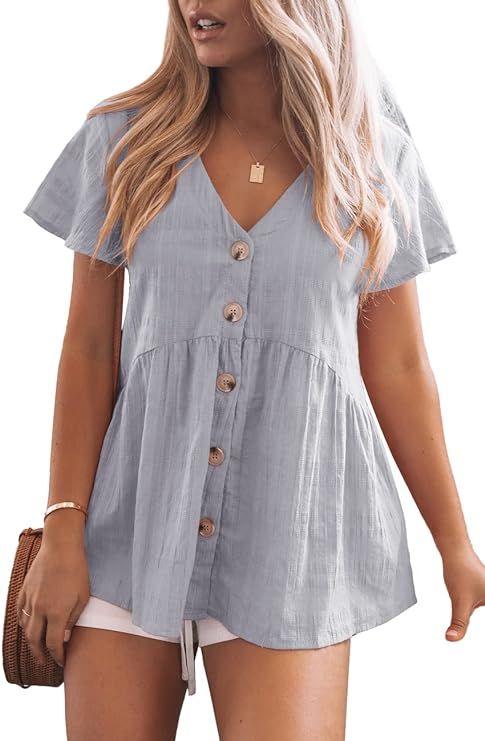 JayGate Womens Short Sleeve V Neck Blouse Button Down Shirt Loose Casual Ruffle Hem Babydoll Pepl... | Amazon (US)