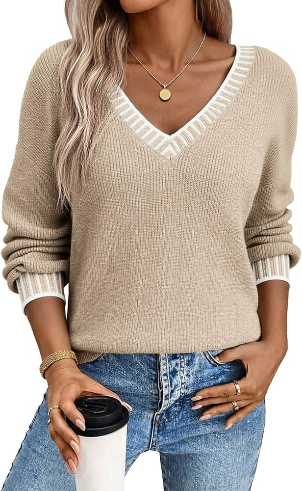 Dokotoo Womens Sweaters Casual V Neck Long Sleeve Contrast Knit Pullover Sweater Solid Fall Outfi... | Amazon (US)