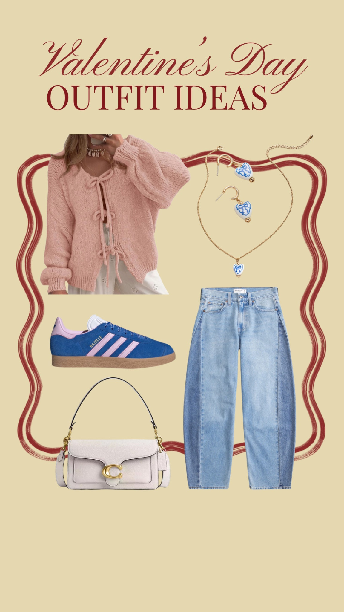 Casual Valentine’s Day Outfit Idea 
.
Dressy Valentine’s Day outfit, tie front sweater outfit idea, pink outfit inspo, blue outfit inspiration, burgundy outfit, blue and pink accessories, adidas gazelle platform sneaker, top handle purse, chunky earrings, gold jewelry 

#LTKHoliday #LTKStyleTip #LTKFindsUnder100