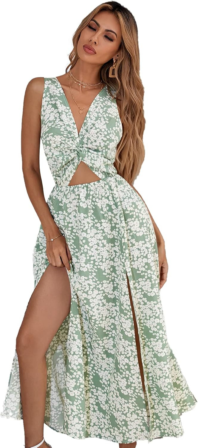 Verdusa Women's Twist Front Split Thigh Tie Back Sleeveless A Line Long Dress | Amazon (US)