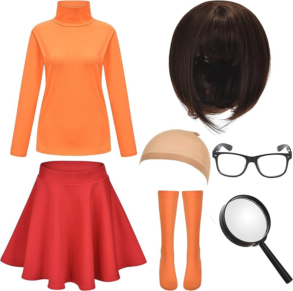 HMPRT Halloween Deluxe Adult Costume for Women,Brown Bob Wig,Turtleneck Top,Skater Skirt,Magnifying  | Amazon (US)