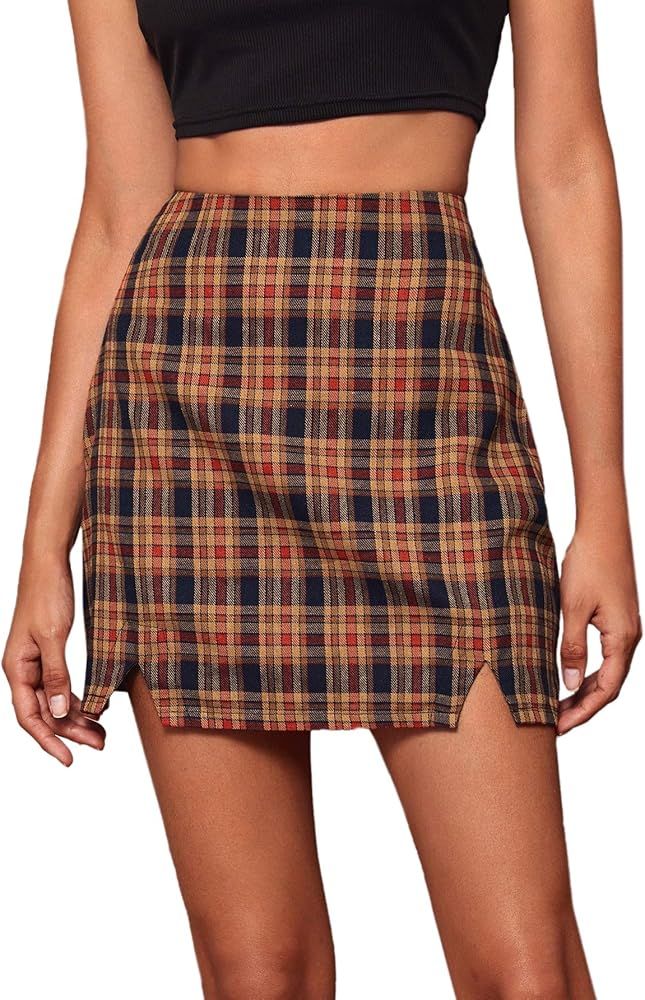 WDIRARA Women's Plaid Mid Waist Split Hem Above Knee Mini Grid Bodycon Skirt | Amazon (US)