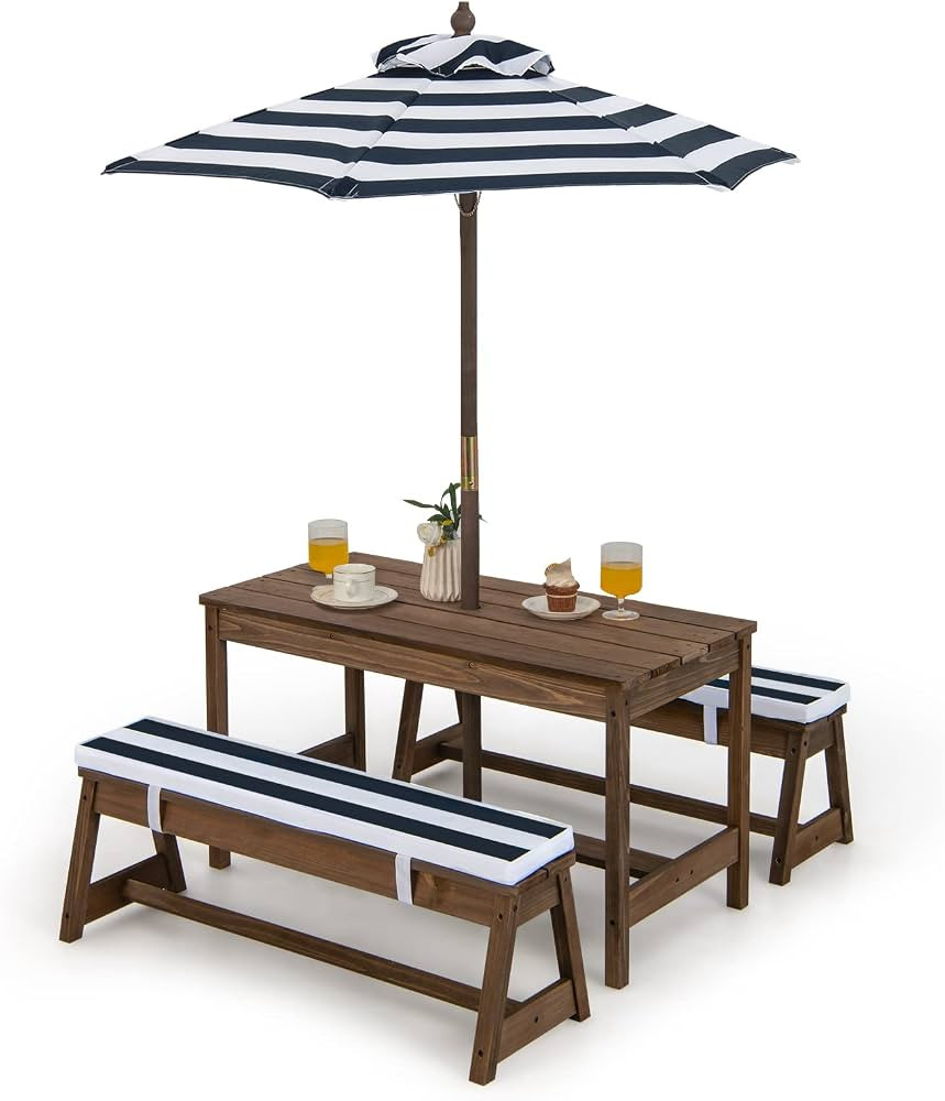 Costzon Kids Picnic Table, Toddler Wood Table & Chair Set w/Cushions, Height Adjustable Umbrella,... | Amazon (US)