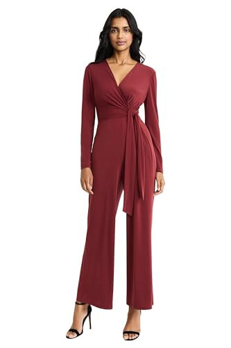 Maggy London Women's Elegant Wide-Leg Long Sleeve V-Neck Wrap Bodice with Cinched Waist-Formal Evening Jumpsuit, Syrah | Amazon (US)