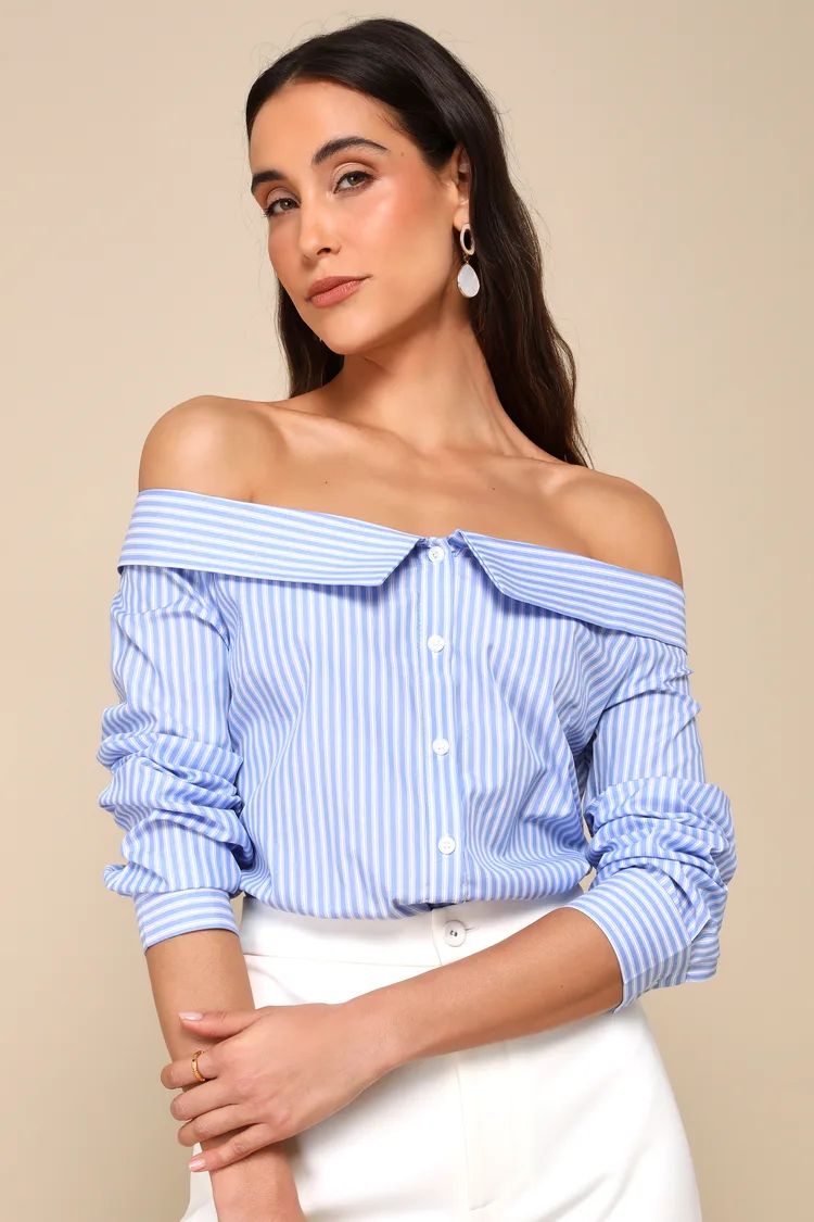 Posh Poise Blue Striped Cotton Off-the-Shoulder Button-Up Top | Lulus