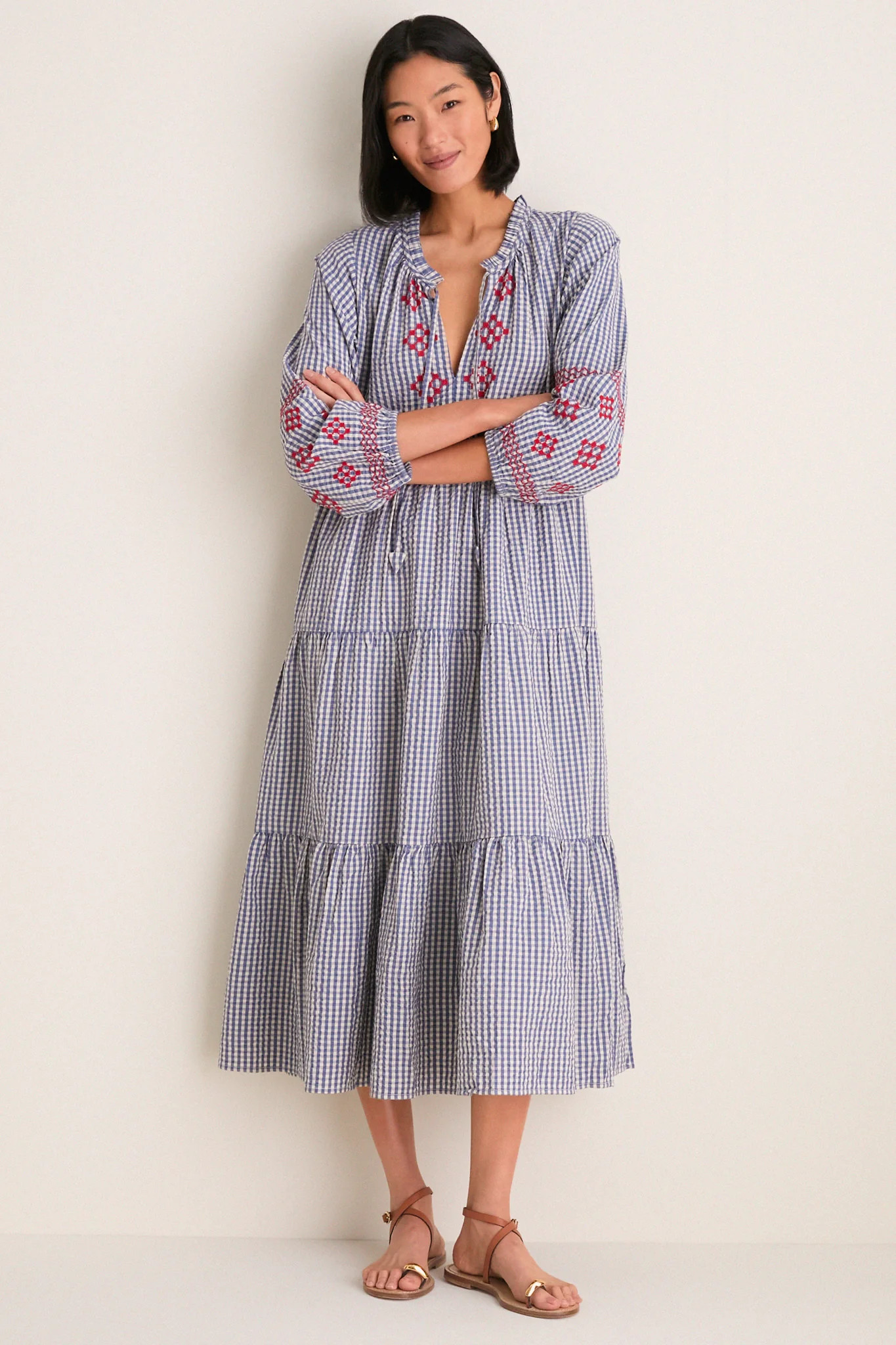 Navy Prism Embroidered Gingham Long Sleeve Salty Paloma Caftan | Tuckernuck (US)