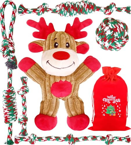 Christmas Dog Toys - 7 Pack Rope & Plush Squeaky Toys, Interactive & Tough, Perfect for Small & Medium Dogs | Amazon (US)