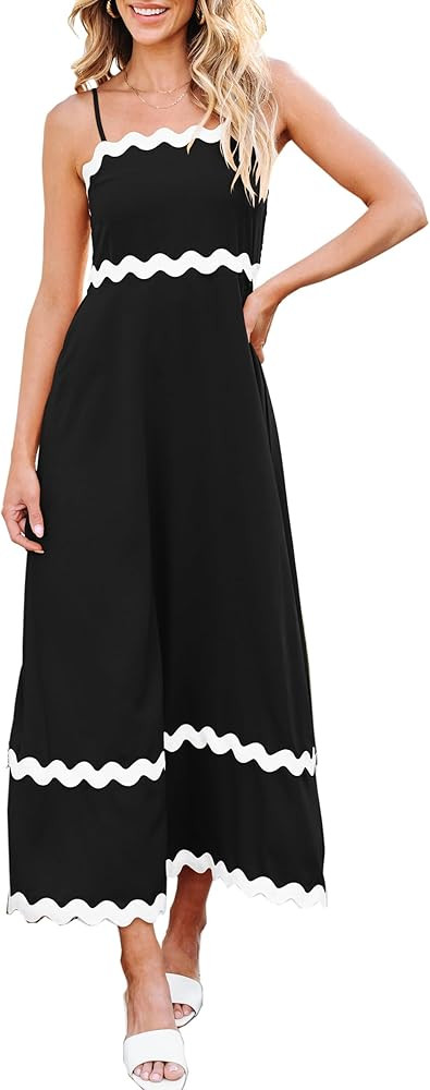 Angashion Women Summer Maxi Dress - Casual Spaghetti Strap Backless RIC Rac Fashion Flowy Long Be... | Amazon (US)