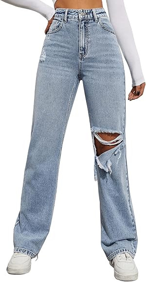 SweatyRocks Women's High Waist Slant Pocket Denim Jeans Ripped Straight Leg Pants | Amazon (US)