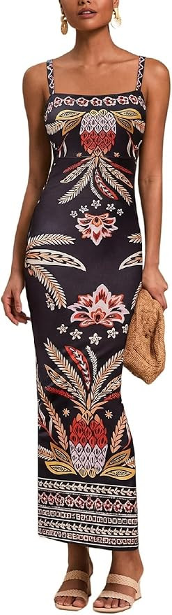 Floerns Women's Tropical Bow Tie Back Long Dress Sleeveless Split Vacation Maxi Dress | Amazon (US)