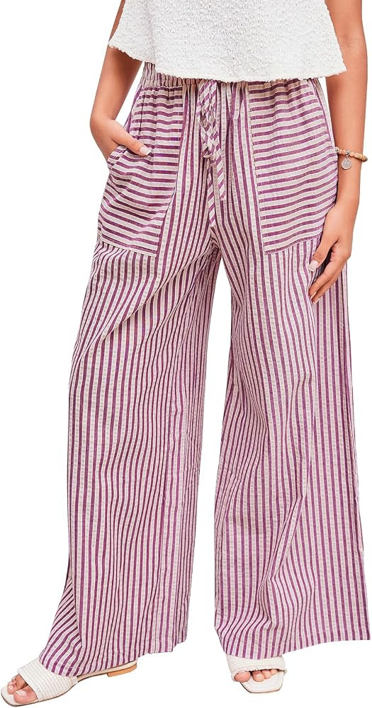 PEHMEA Women's Striped Wide Leg Pants Drawstring Cotton Mid Rise Casual Palazzo Trousers with Poc... | Amazon (US)