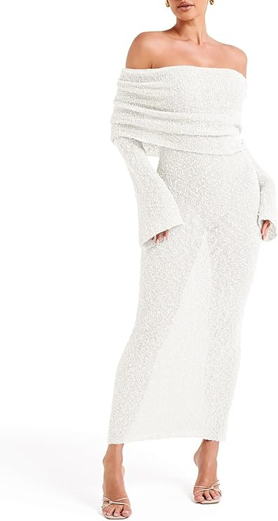 Saodimallsu Womens Off Shoulder Summer Maxi Dress Bell Long Sleeve Sexy Bodycon Strapless Sheer B... | Amazon (US)