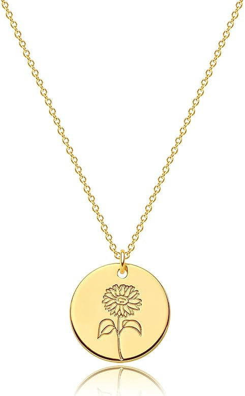 MEVECCO Birth Flower Necklace 18k Gold Engraved Custom Floral Pendant Necklaces Dainty Birth Mont... | Amazon (US)