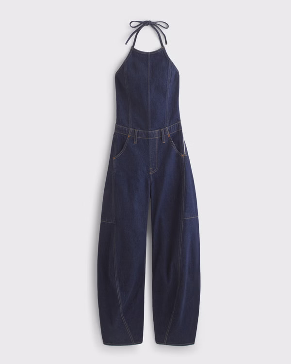Women's Halter Barrel Denim Jumpsuit | Women's Dresses & Jumpsuits | Abercrombie.com | Abercrombie & Fitch (US)