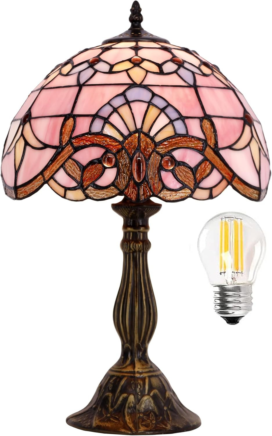 WERFACTORY Tiffany Lamp Stained Glass Table Lamp 12X12X18 Inch Pink Baroque Style Lavender Bedside Reading Desk Light Decor Bedroom Living Room Home Office S003P Series | Amazon (US)