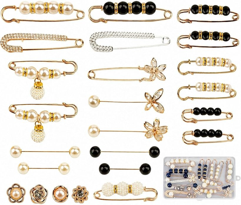 24 Pieces Pearl Crystal Brooch Safety Pins, Pants Waist Tightener Pins | Amazon (US)