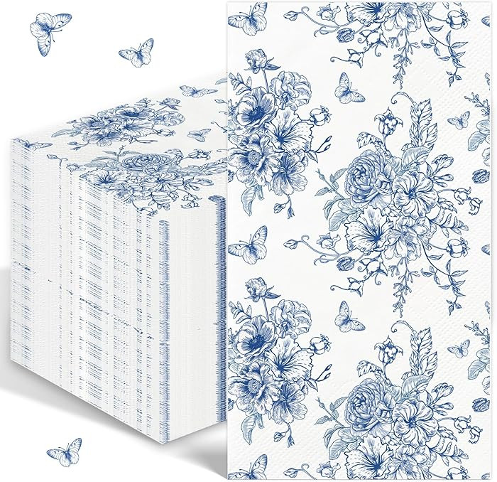100PCS Blue Floral Napkins Disposable Hand Towels for Bathroom 3 Ply Blue and White Paper Napkins... | Amazon (US)