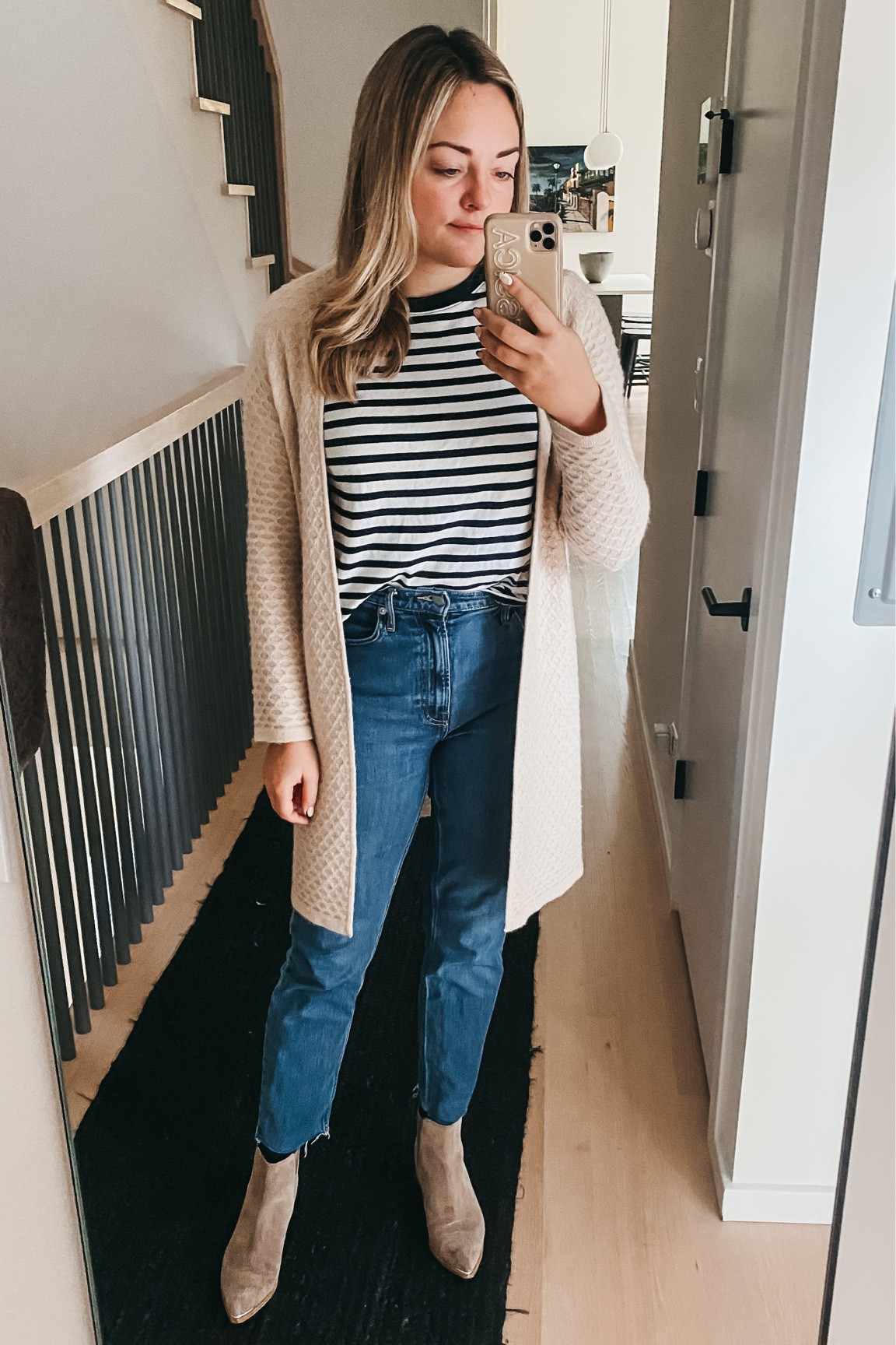 Long Cashmere Cardigan: Sail to Sable (old)
Striped Tee: Mott & Bow
Everlane Jeans.
Marc Fisher Booties.
Trouser Socks: J.Crew

Fall Outfit. Straight Leg Jeans.

#LTKSeasonal #LTKworkwear #LTKshoecrush