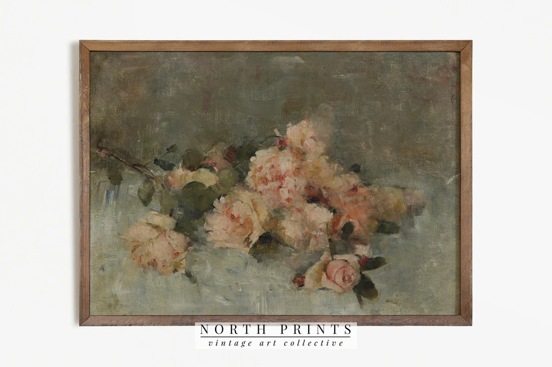 Vintage Flower Print Cottage Wall Art Decor Pink Country Botanical Painting PRINTABLE 514 - Etsy | Etsy (US)