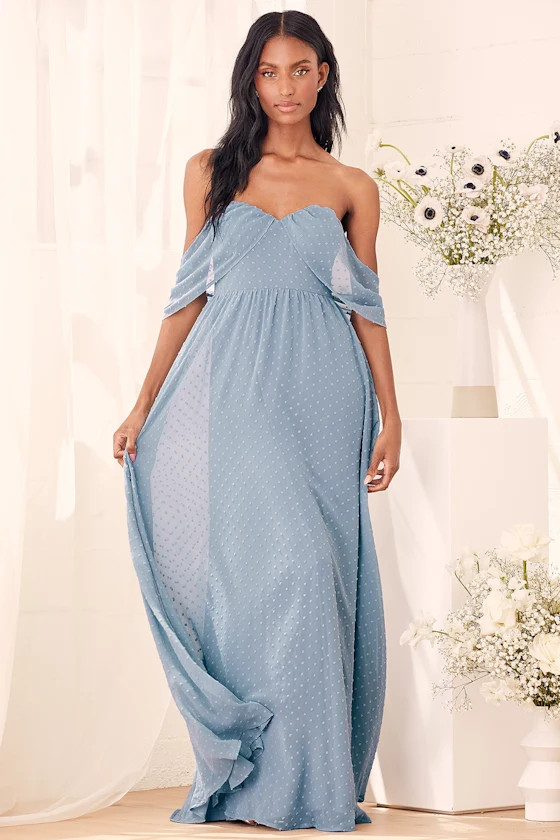 Got My Heart Slate Blue Swiss Dot Off-the-Shoulder Maxi Dress | Lulus (US)