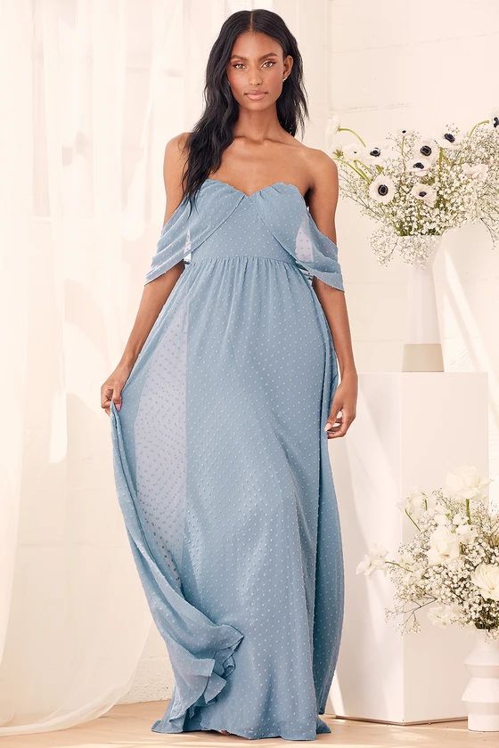 Got My Heart Slate Blue Swiss Dot Off-the-Shoulder Maxi Dress | Lulus (US)
