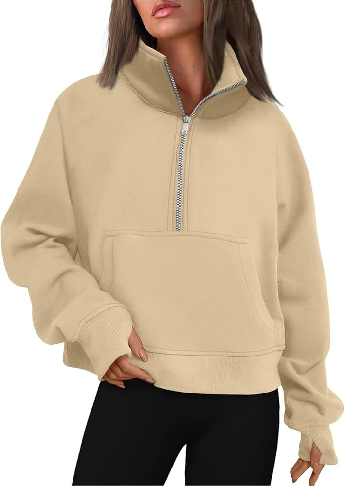 Half Zip Sweatshirt Women Cropped Oversized Fleece Pullover Zipped Thumb Hole Cute Sweatshirts wi... | Amazon (US)
