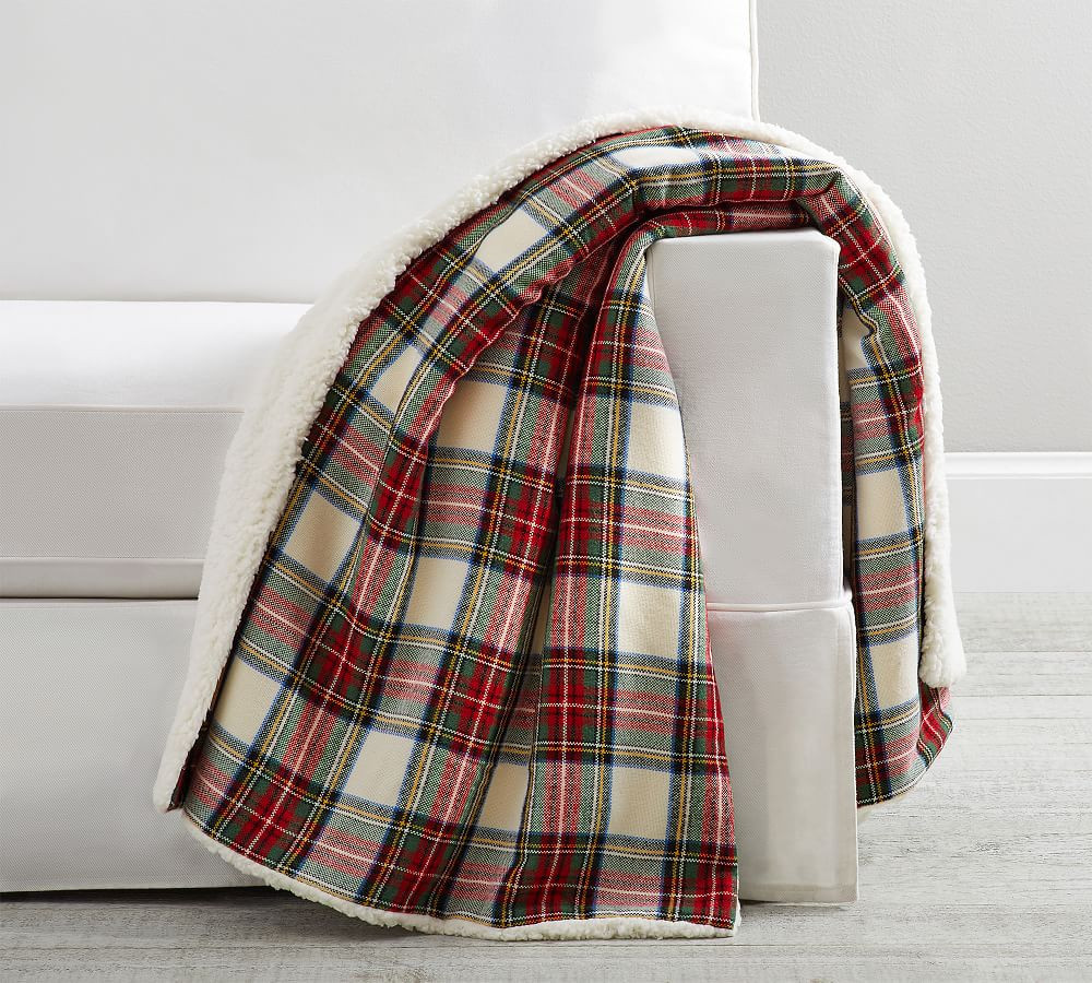 Stewart Plaid with Sherpa Back Throw, Ivory, 50"" x 60 | Pottery Barn (US)