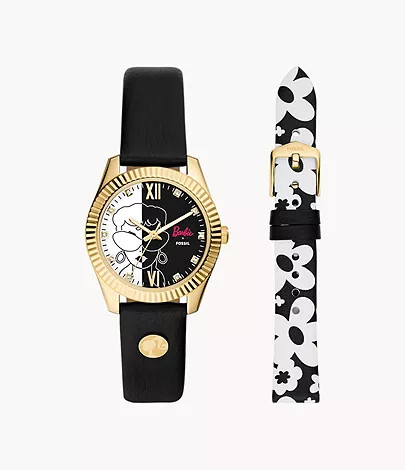Barbie™ x Fossil Special Edition Three-Hand Black Leather Watch and Interchangeable Strap Box S... | Fossil (US)