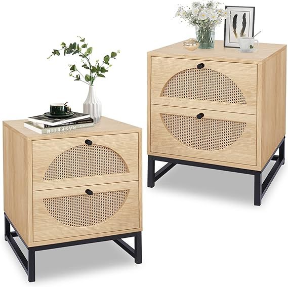 AWQM Rattan Nightstand Set of 2,Farmhouse End Table Set of 2,Wood Sofa Side Table,Accent Table wi... | Amazon (US)
